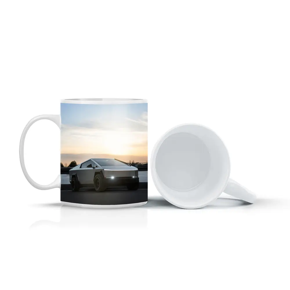 Tesla Cybertruck Parked Near River At Sunset – Mugs