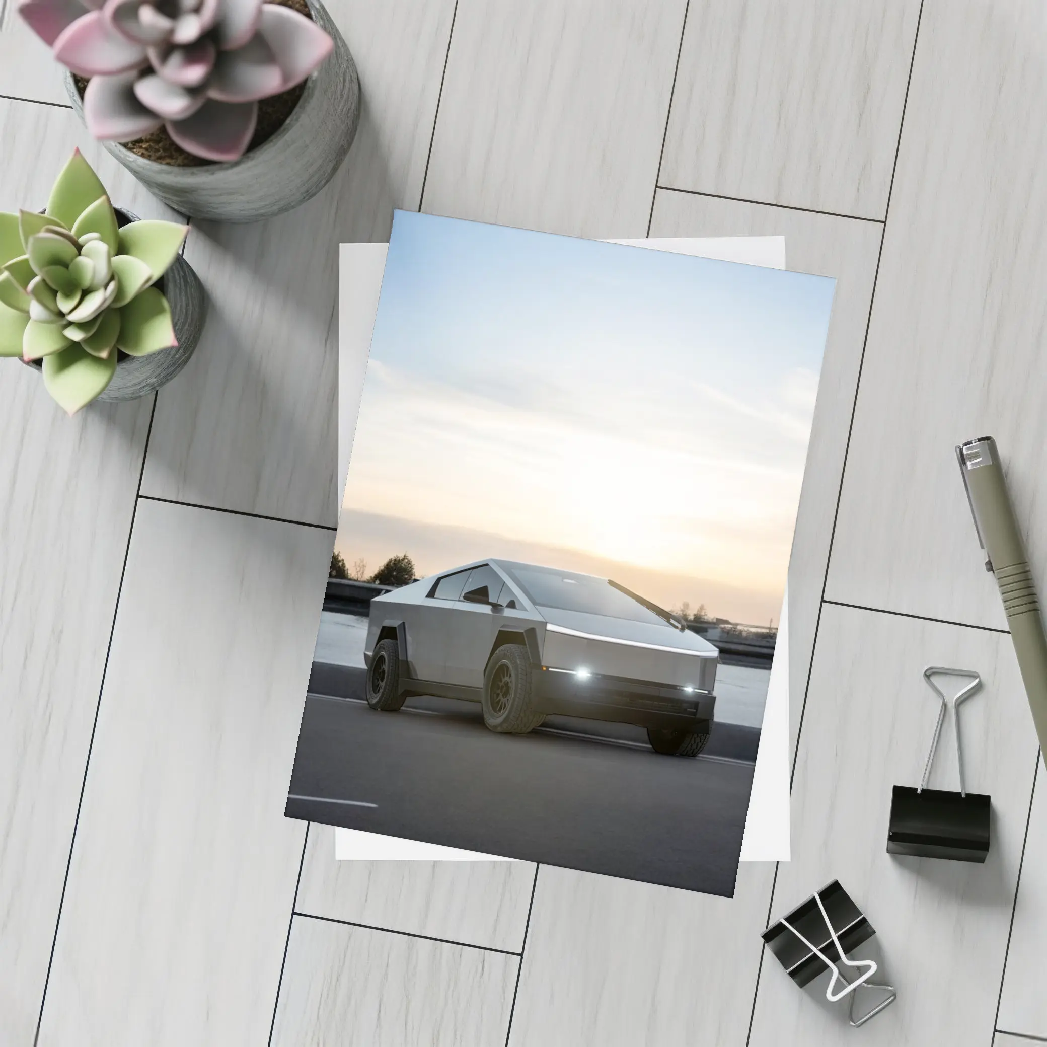 Tesla Cybertruck Parked Near River At Sunset – Postcards