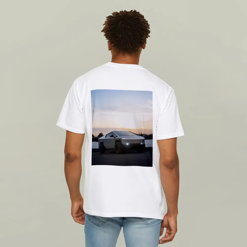Tesla Cybertruck Parked Near River At Sunset – T-Shirts