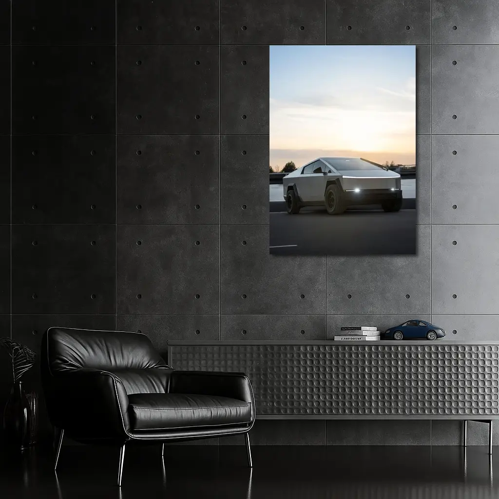 Tesla Cybertruck Parked Near River At Sunset – Wall Art