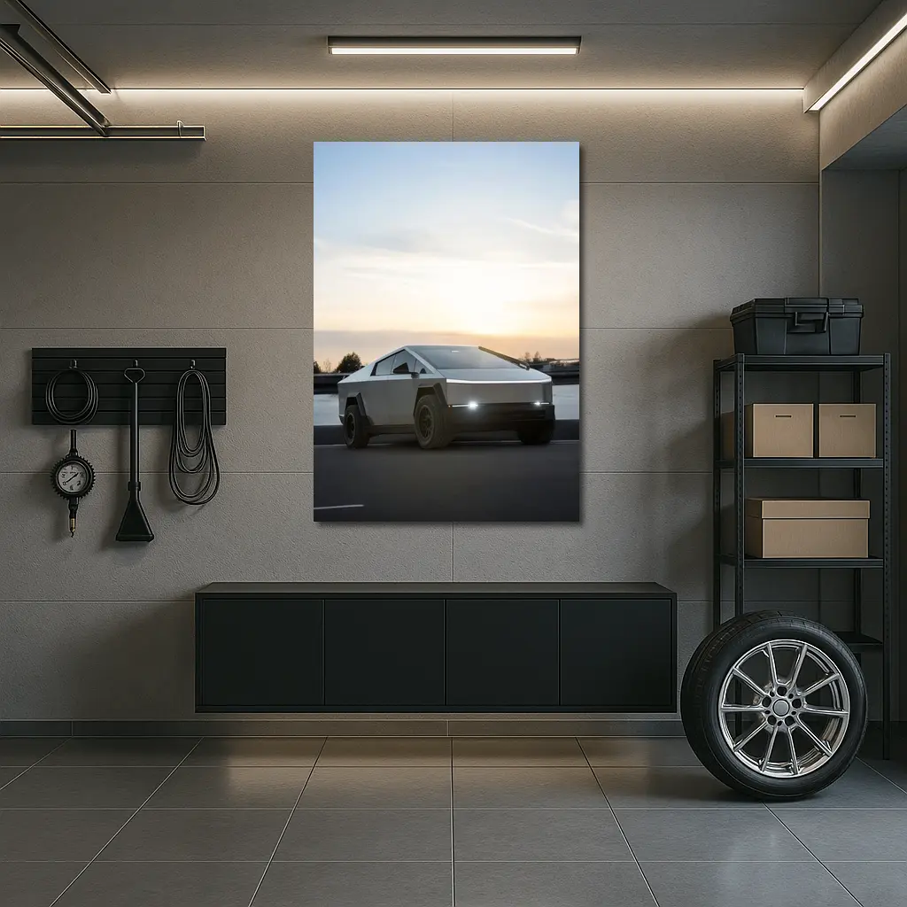 Tesla Cybertruck Parked Near River At Sunset – Wall Art