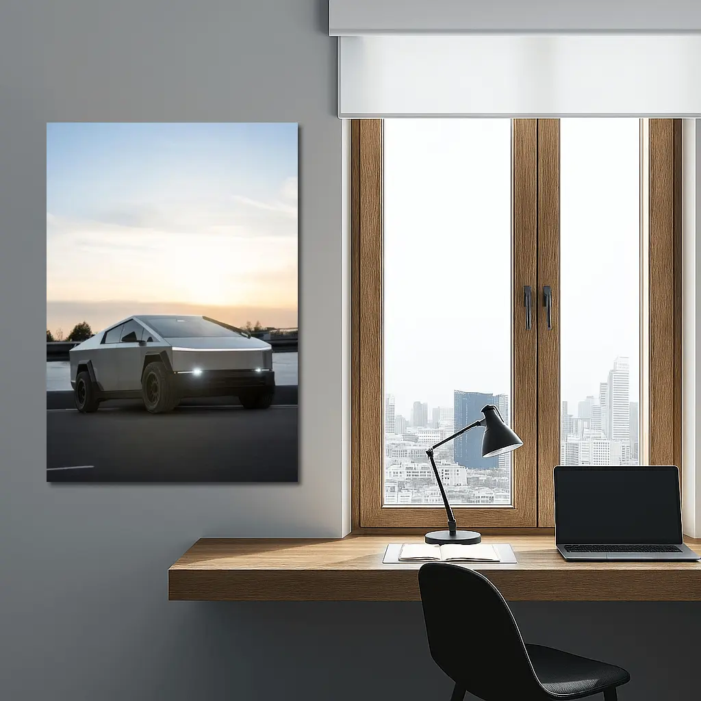 Tesla Cybertruck Parked Near River At Sunset – Wall Art