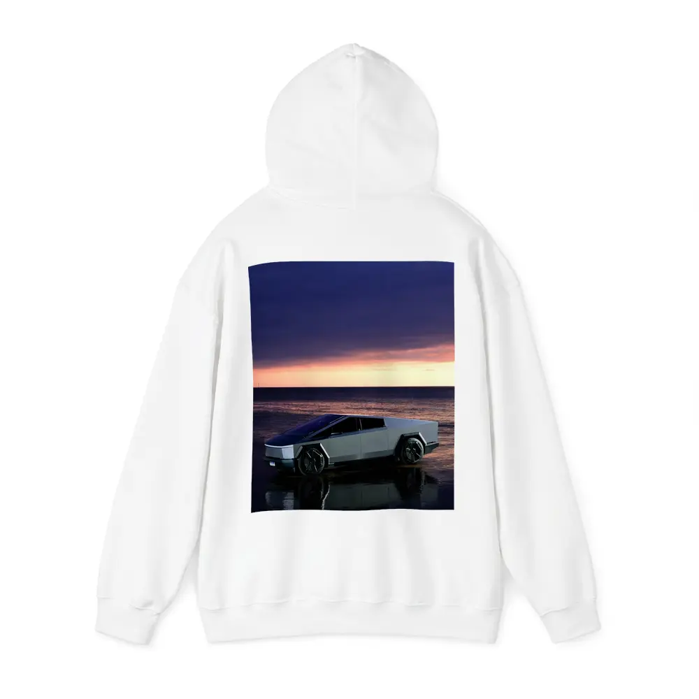 Tesla Cybertruck Parked on Beach at Sunset – Hoodies