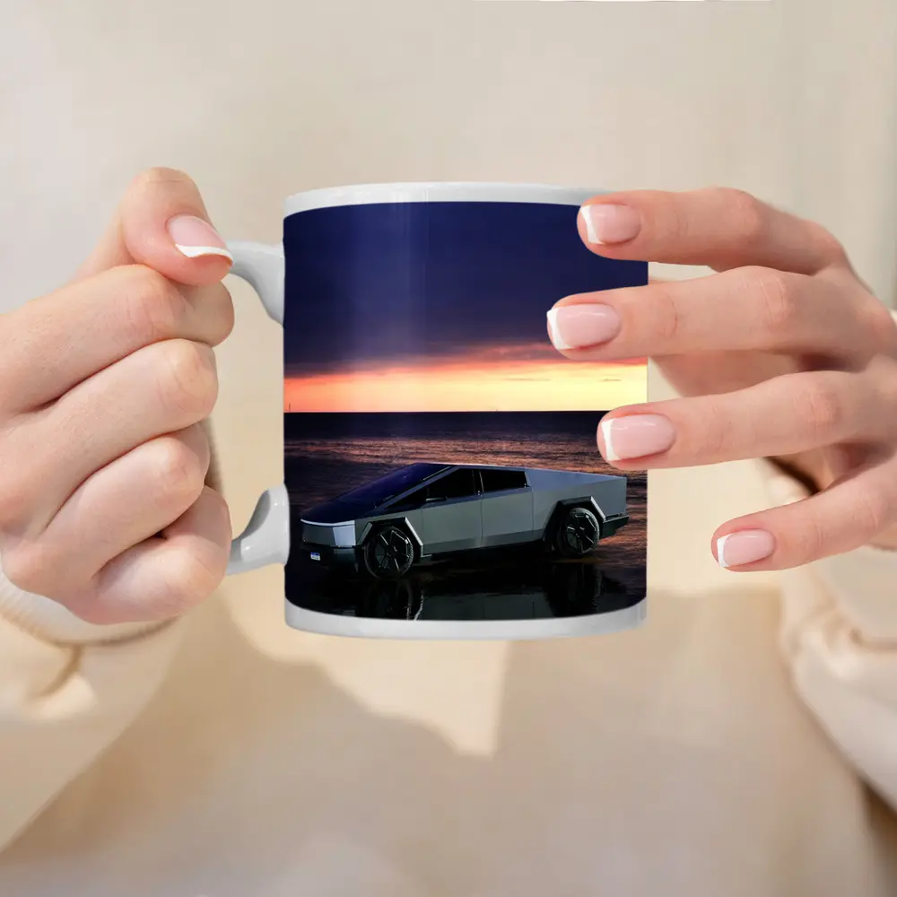 Tesla Cybertruck Parked on Beach at Sunset – Mugs