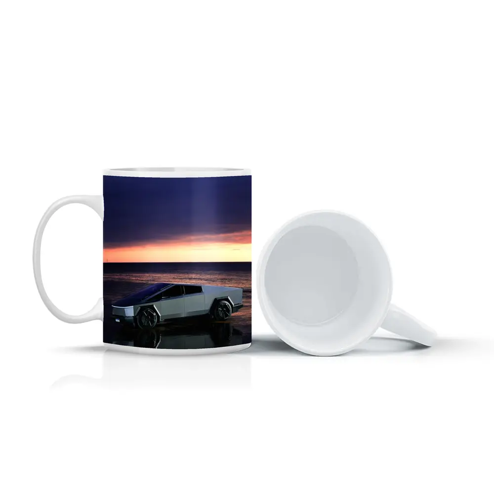 Tesla Cybertruck Parked on Beach at Sunset – Mugs