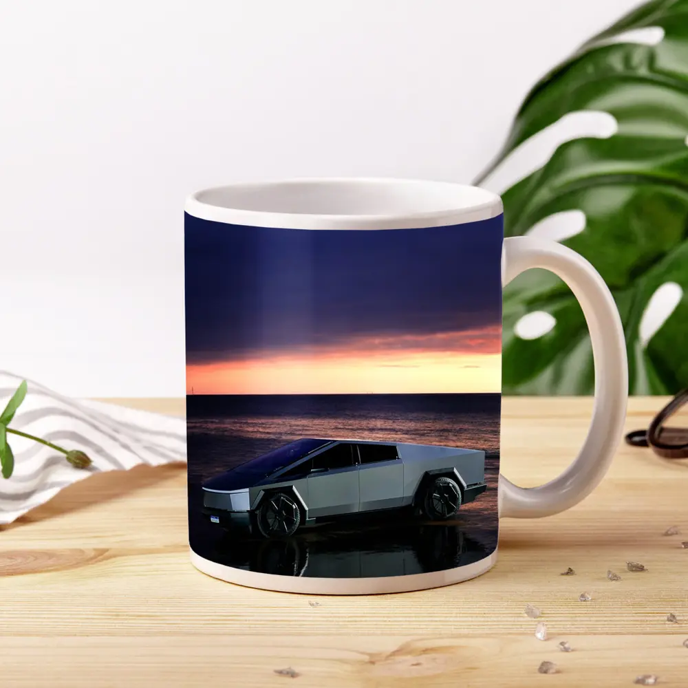 Tesla Cybertruck Parked on Beach at Sunset – Mugs