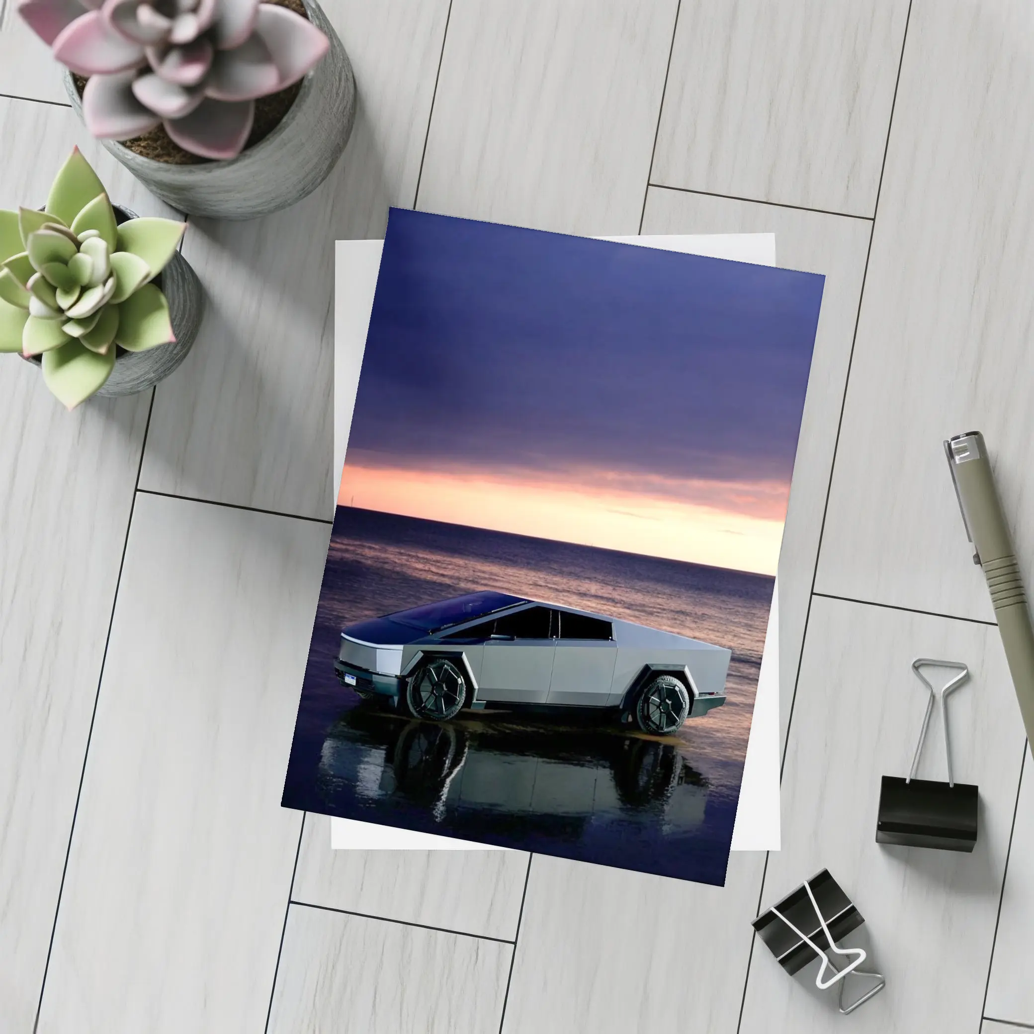 Tesla Cybertruck Parked on Beach at Sunset – Postcards
