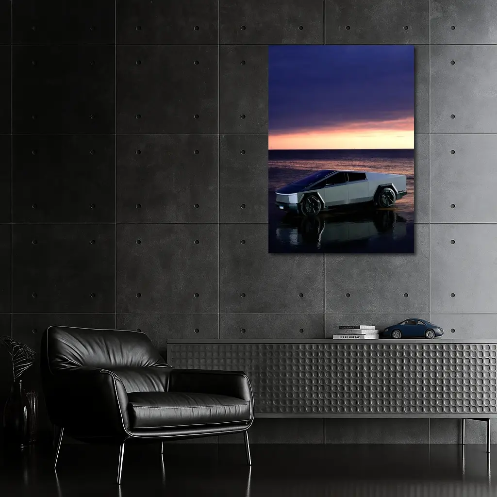 Tesla Cybertruck Parked on Beach at Sunset – Wall Art