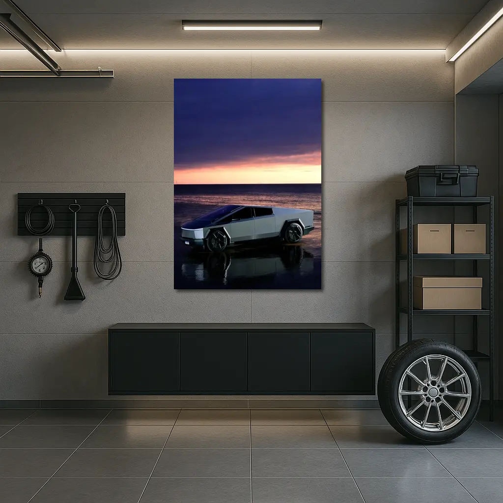 Tesla Cybertruck Parked on Beach at Sunset – Wall Art