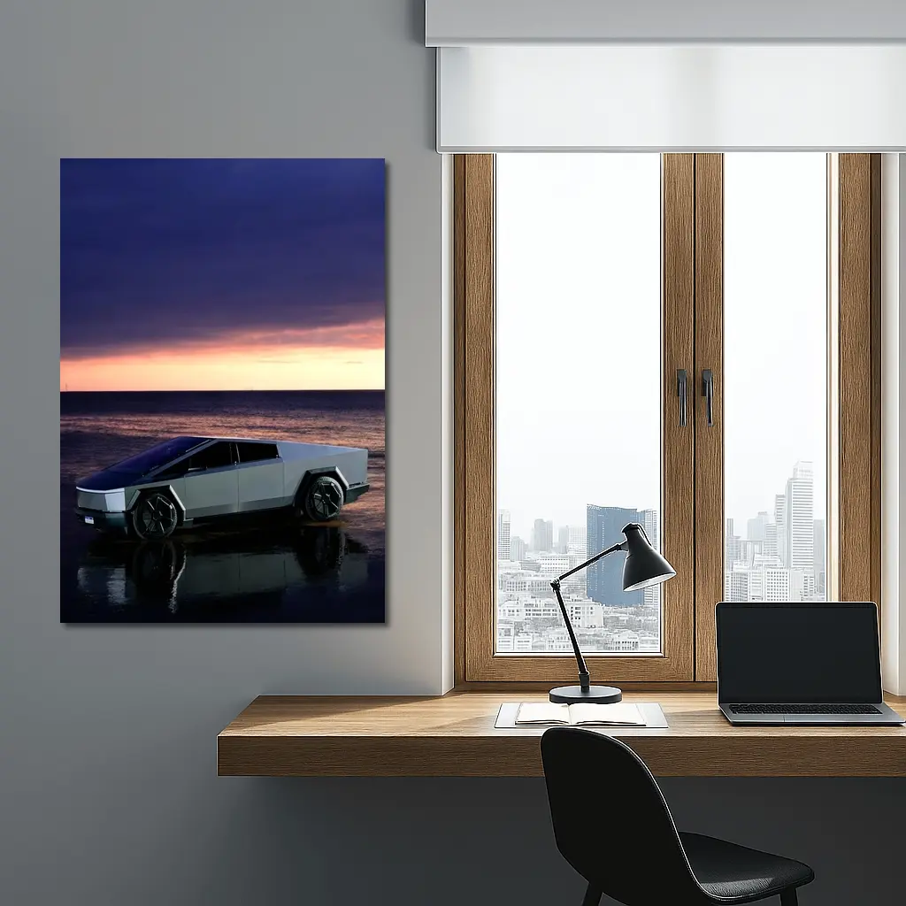 Tesla Cybertruck Parked on Beach at Sunset – Wall Art