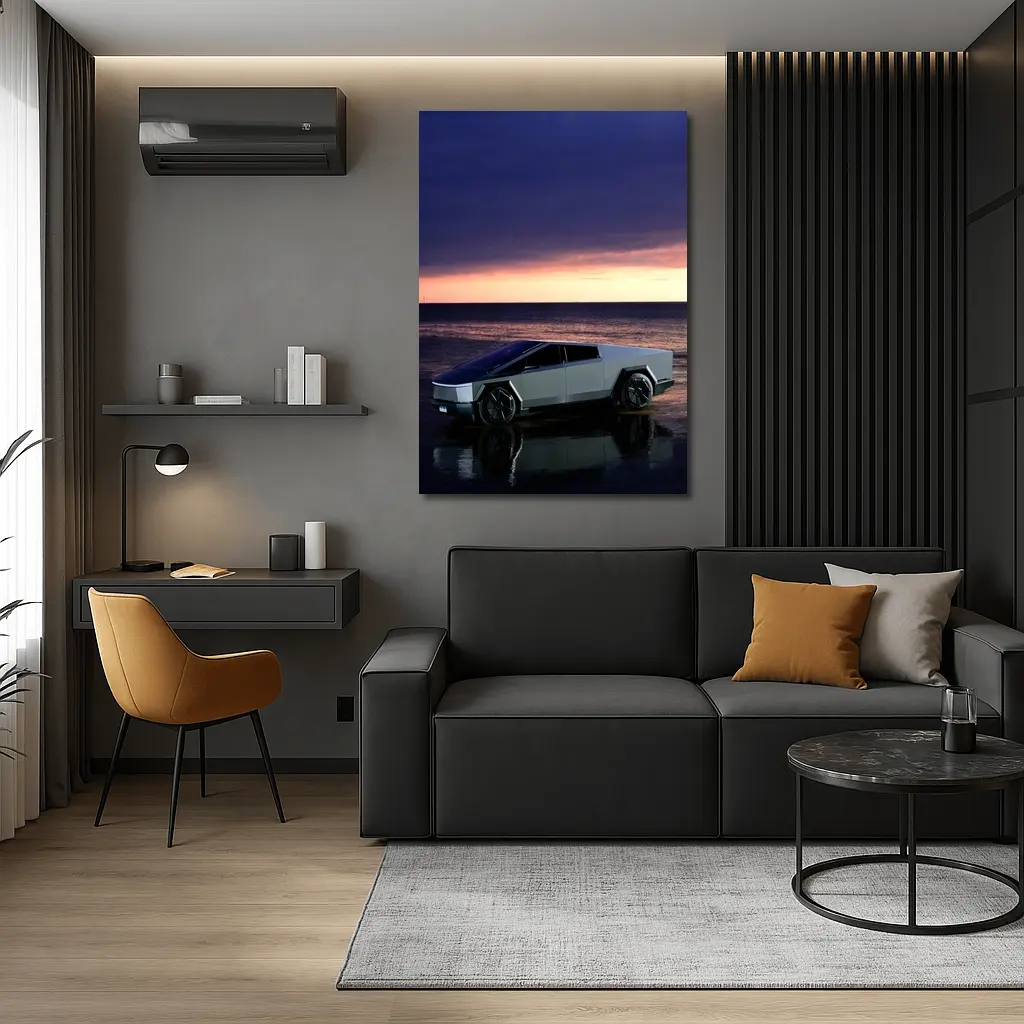 Tesla Cybertruck Parked on Beach at Sunset – Wall Art