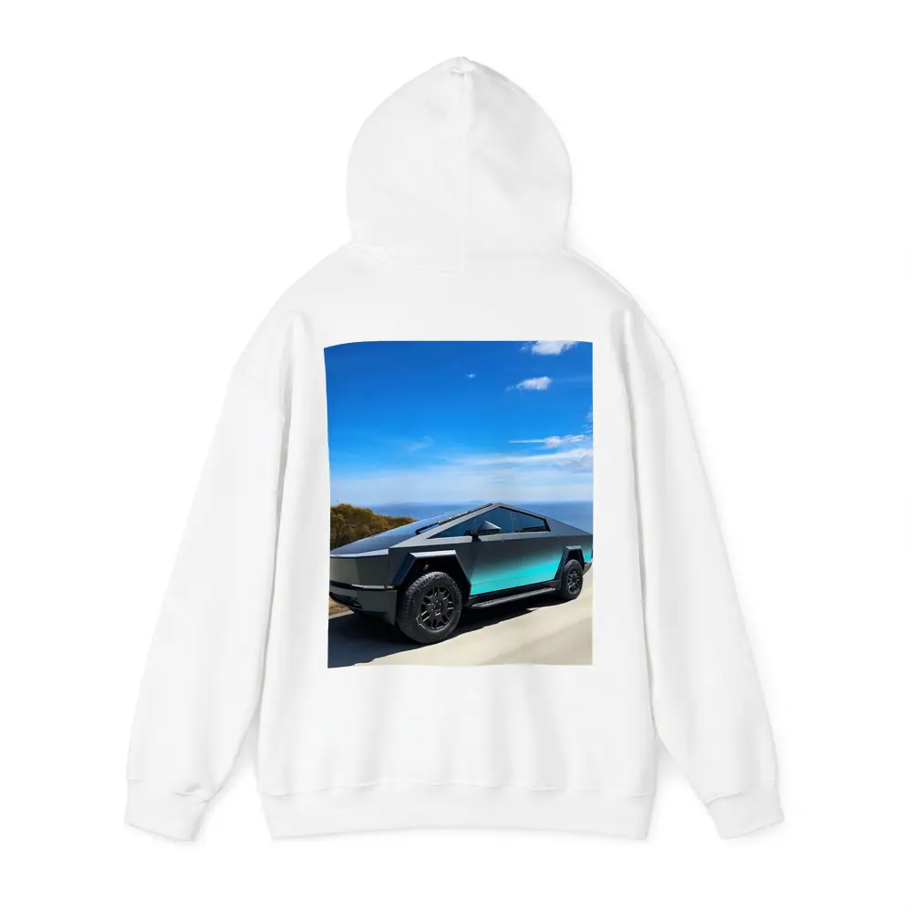 Tesla Cybertruck Dark Teal Coastal Road Drive – Hoodies
