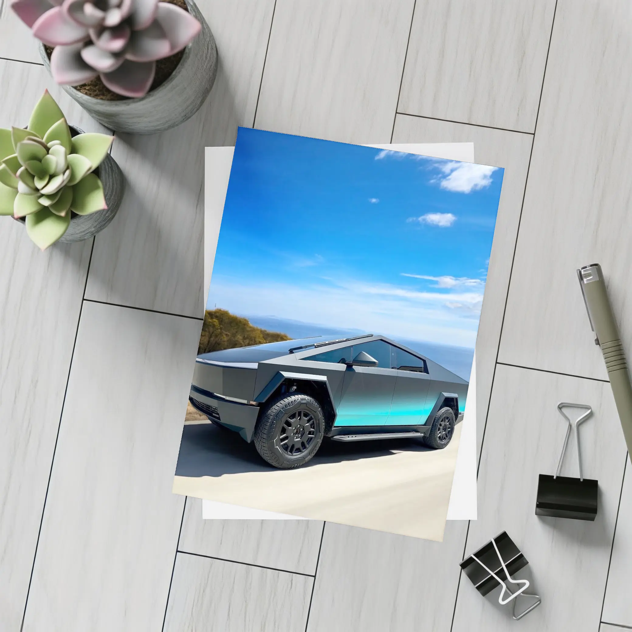 Tesla Cybertruck Dark Teal Coastal Road Drive – Postcards