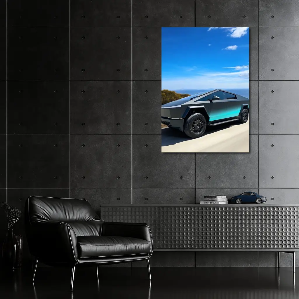 Tesla Cybertruck Dark Teal Coastal Road Drive – Wall Art