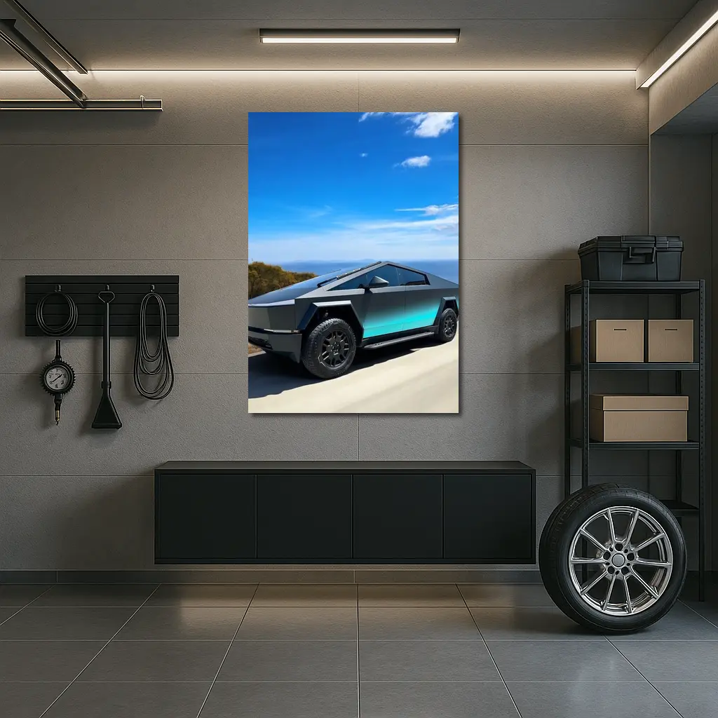 Tesla Cybertruck Dark Teal Coastal Road Drive – Wall Art