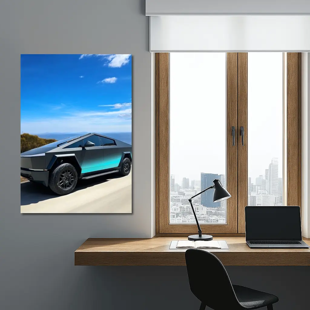 Tesla Cybertruck Dark Teal Coastal Road Drive – Wall Art