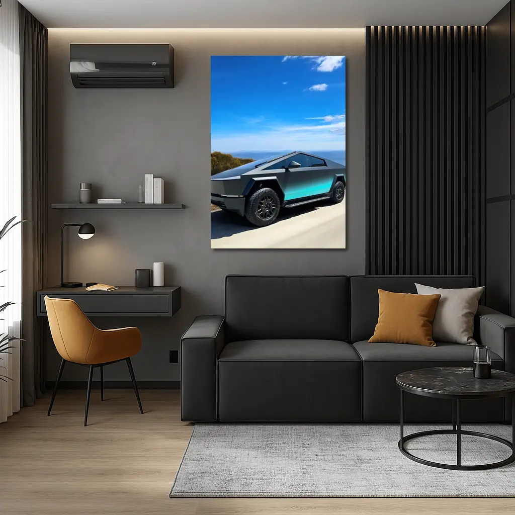 Tesla Cybertruck Dark Teal Coastal Road Drive – Wall Art