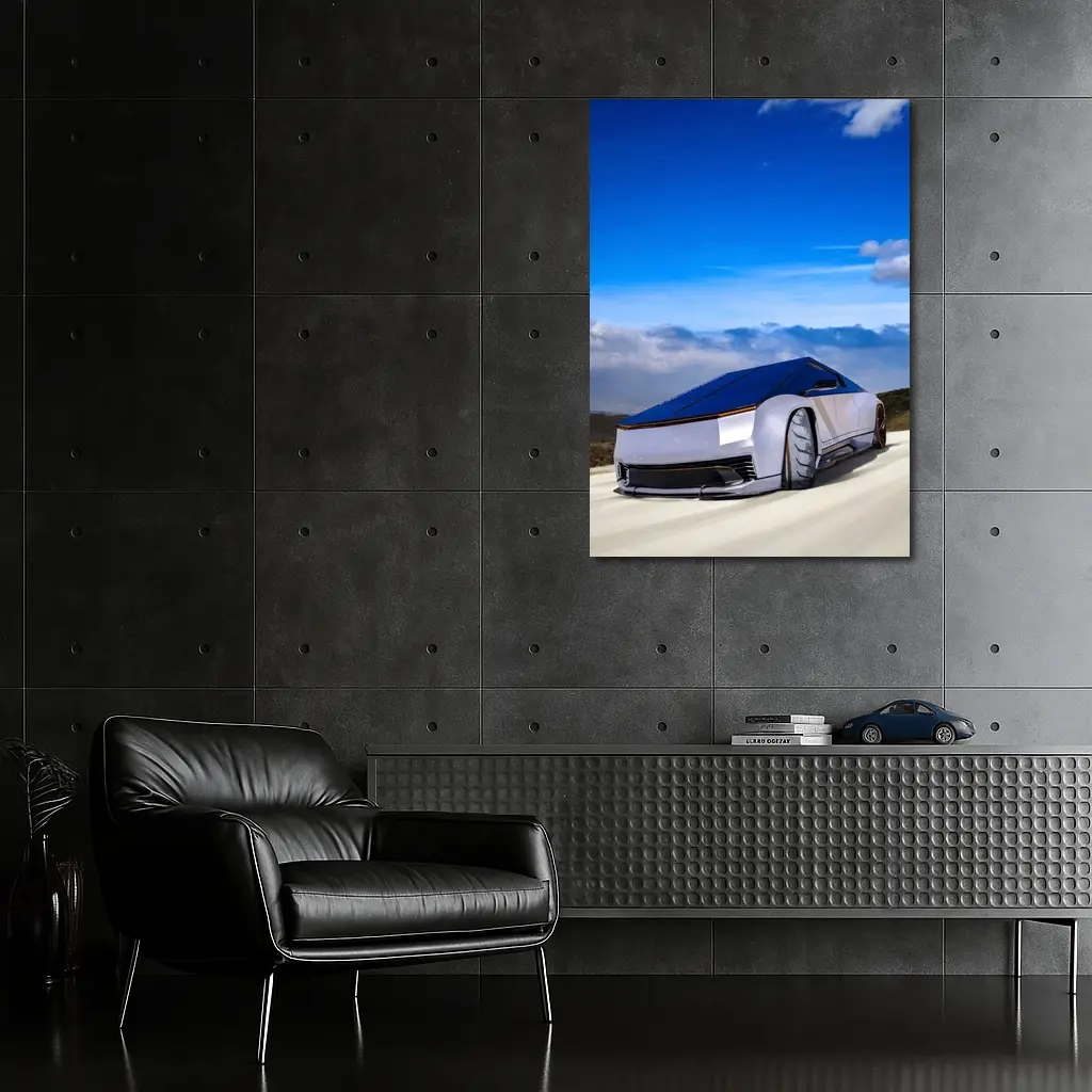Tesla Cybertruck Futuristic Concept Car Blue Sky – Wall Art
