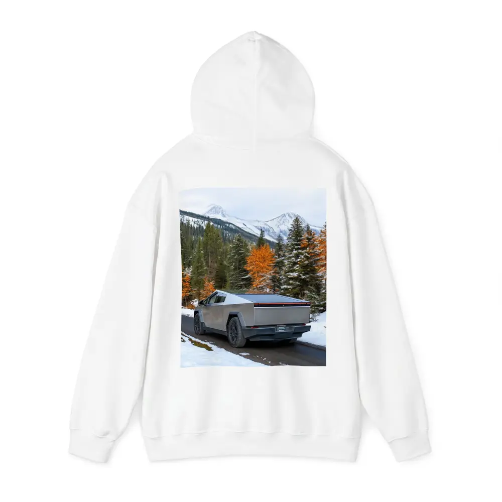 Tesla Cybertruck Mountain Snow Forest Road – Hoodies