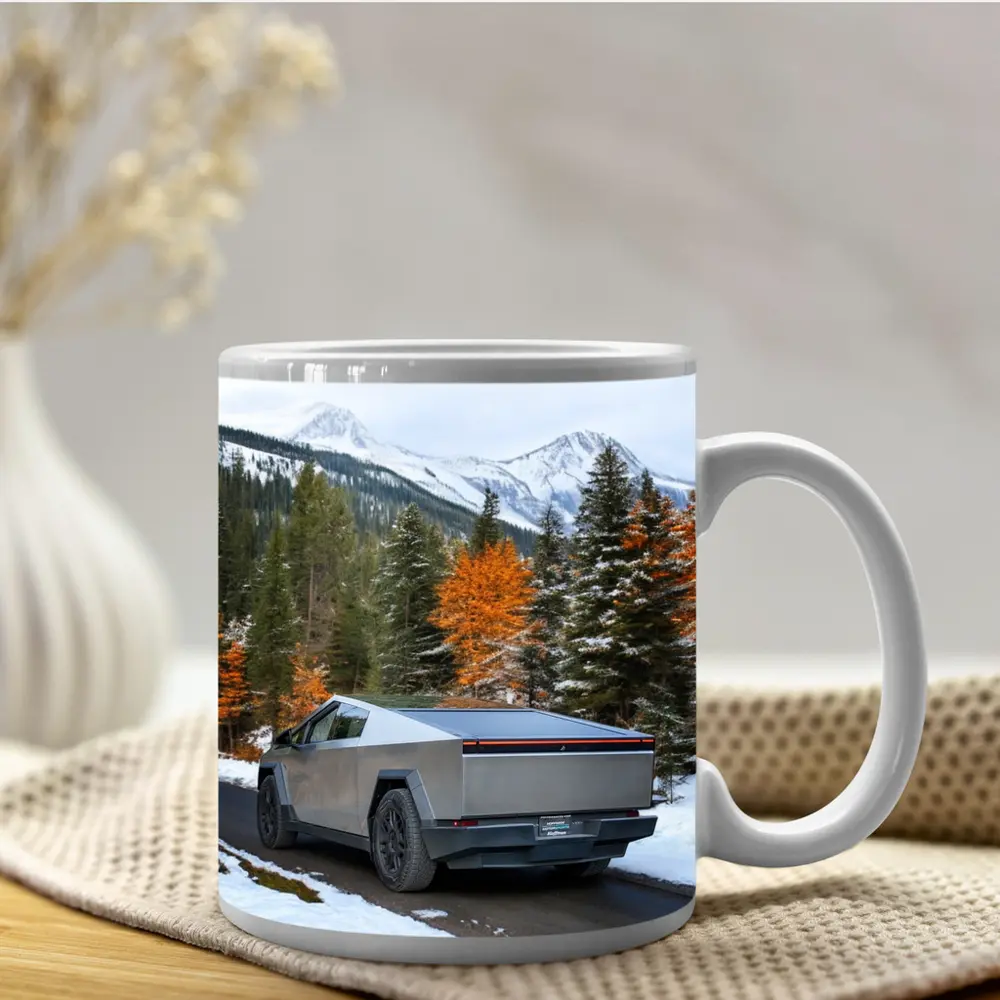 Tesla Cybertruck Mountain Snow Forest Road – Mugs