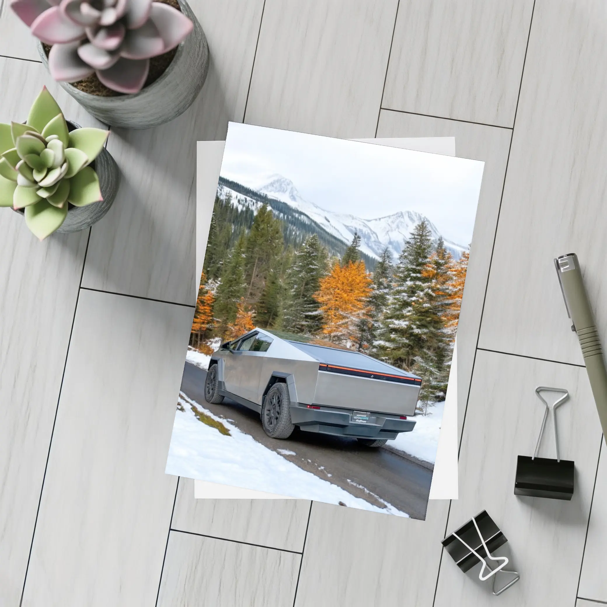 Tesla Cybertruck Mountain Snow Forest Road – Postcards