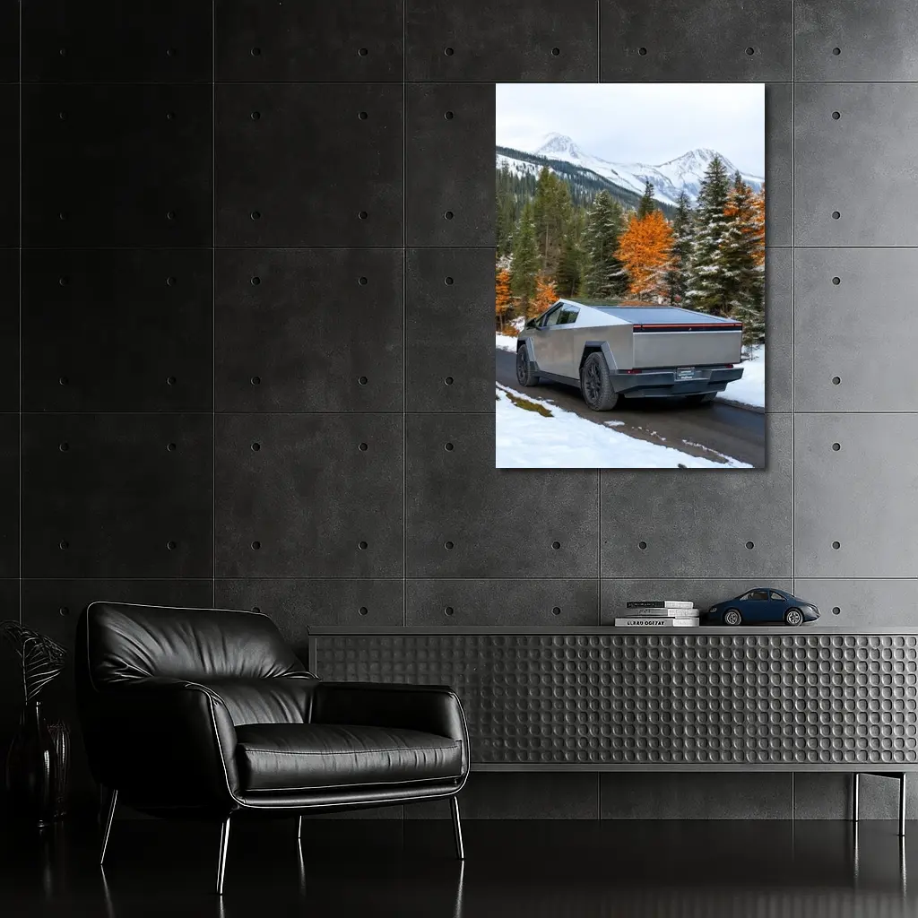 Tesla Cybertruck Mountain Snow Forest Road – Wall Art