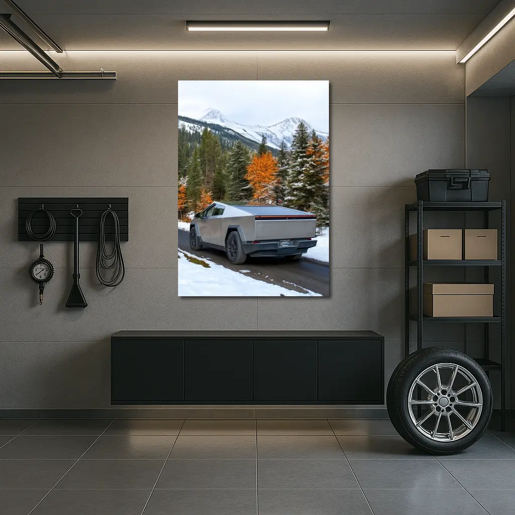 Tesla Cybertruck Mountain Snow Forest Road – Wall Art