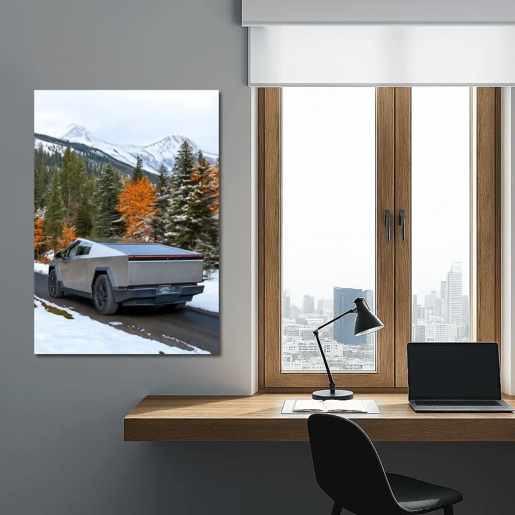 Tesla Cybertruck Mountain Snow Forest Road – Wall Art
