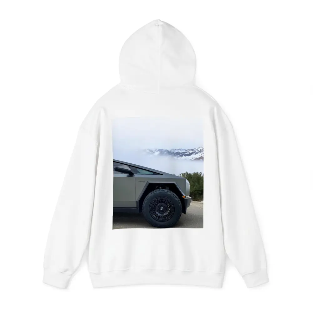 Tesla Cybertruck Parked Near Snowy Mountain Fog – Hoodies