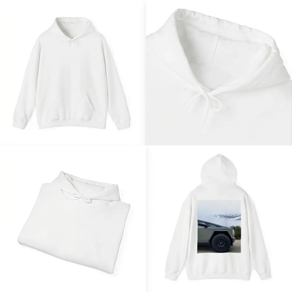 Tesla Cybertruck Parked Near Snowy Mountain Fog – Hoodies