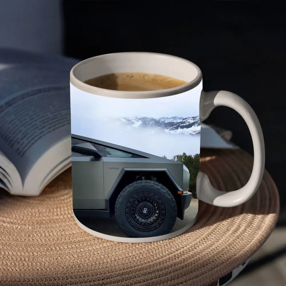 Tesla Cybertruck Parked Near Snowy Mountain Fog – Mugs