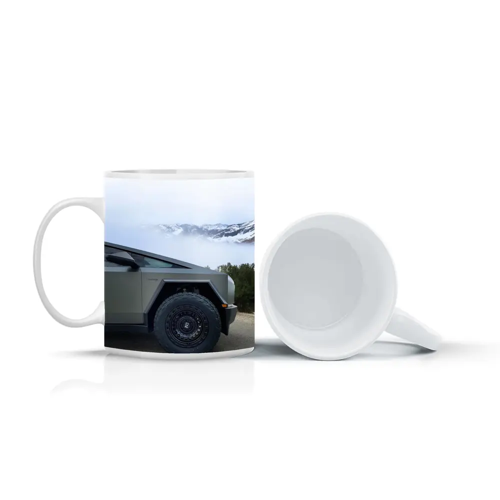 Tesla Cybertruck Parked Near Snowy Mountain Fog – Mugs