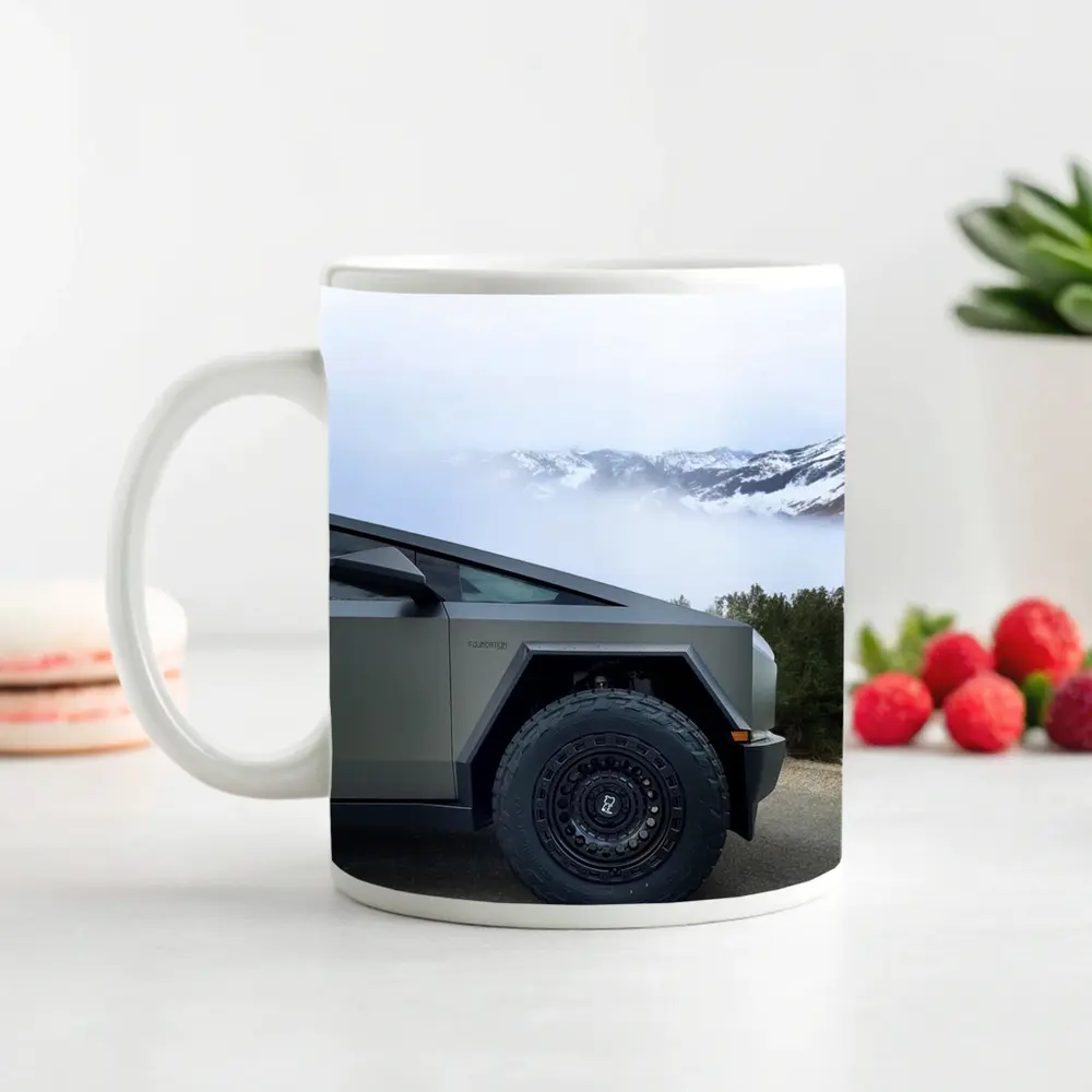 Tesla Cybertruck Parked Near Snowy Mountain Fog – Mugs