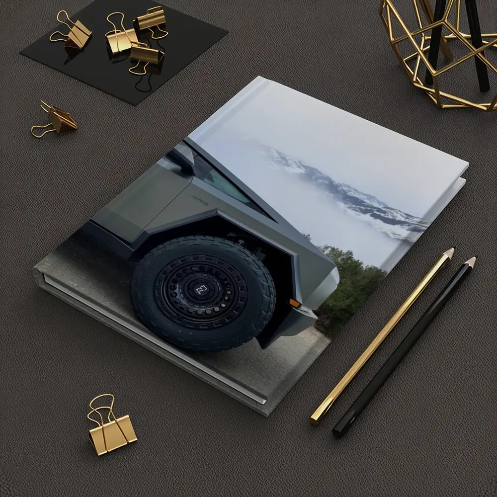 Tesla Cybertruck Parked Near Snowy Mountain Fog – Notebooks