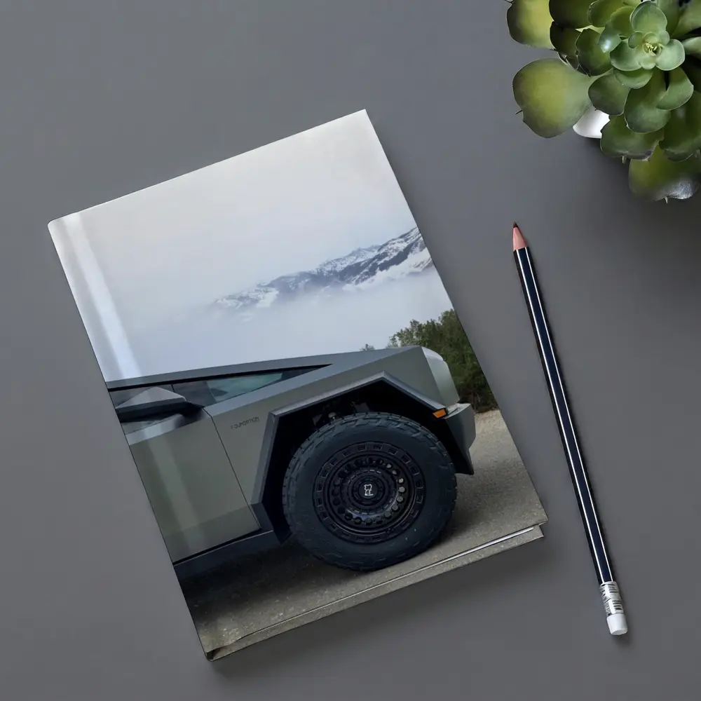Tesla Cybertruck Parked Near Snowy Mountain Fog – Notebooks