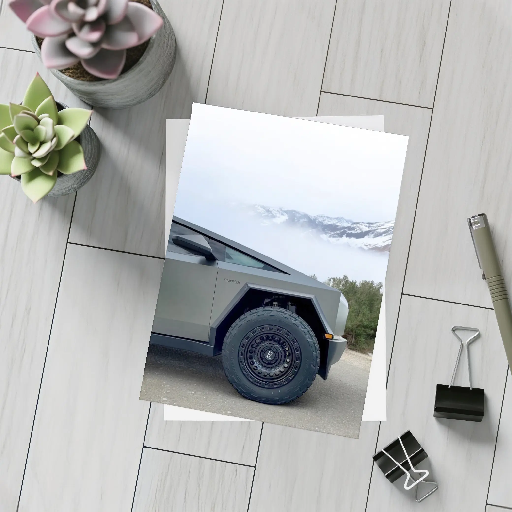 Tesla Cybertruck Parked Near Snowy Mountain Fog – Postcards