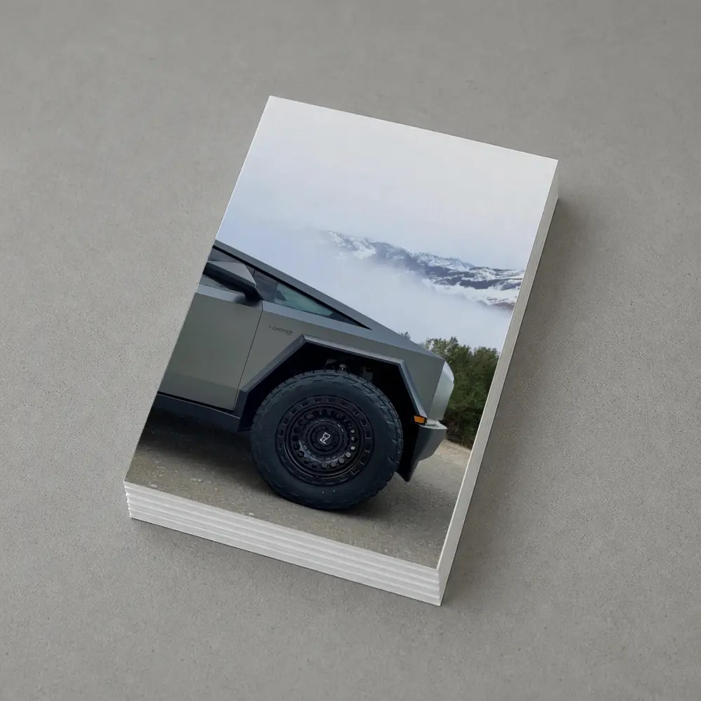 Tesla Cybertruck Parked Near Snowy Mountain Fog – Postcards