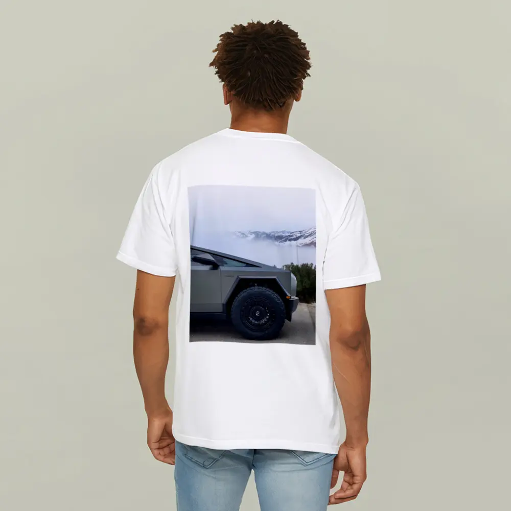 Tesla Cybertruck Parked Near Snowy Mountain Fog – T-Shirts