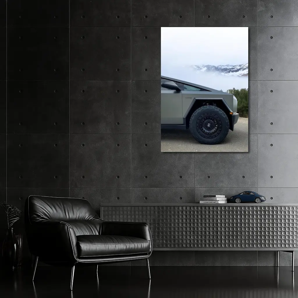 Tesla Cybertruck Parked Near Snowy Mountain Fog – Wall Art