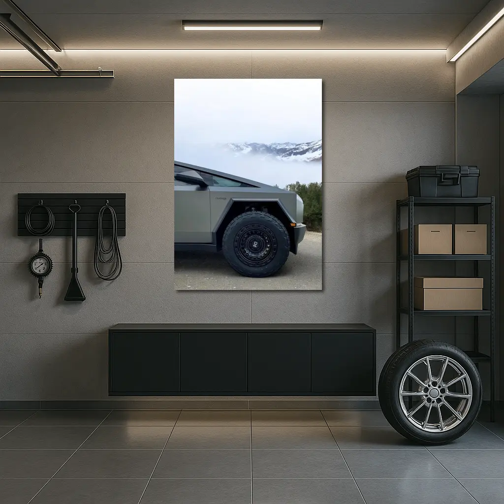 Tesla Cybertruck Parked Near Snowy Mountain Fog – Wall Art