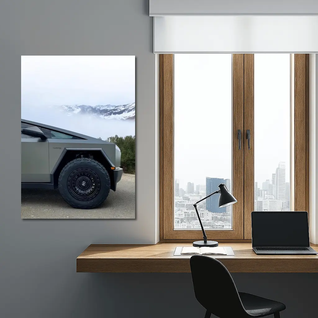 Tesla Cybertruck Parked Near Snowy Mountain Fog – Wall Art