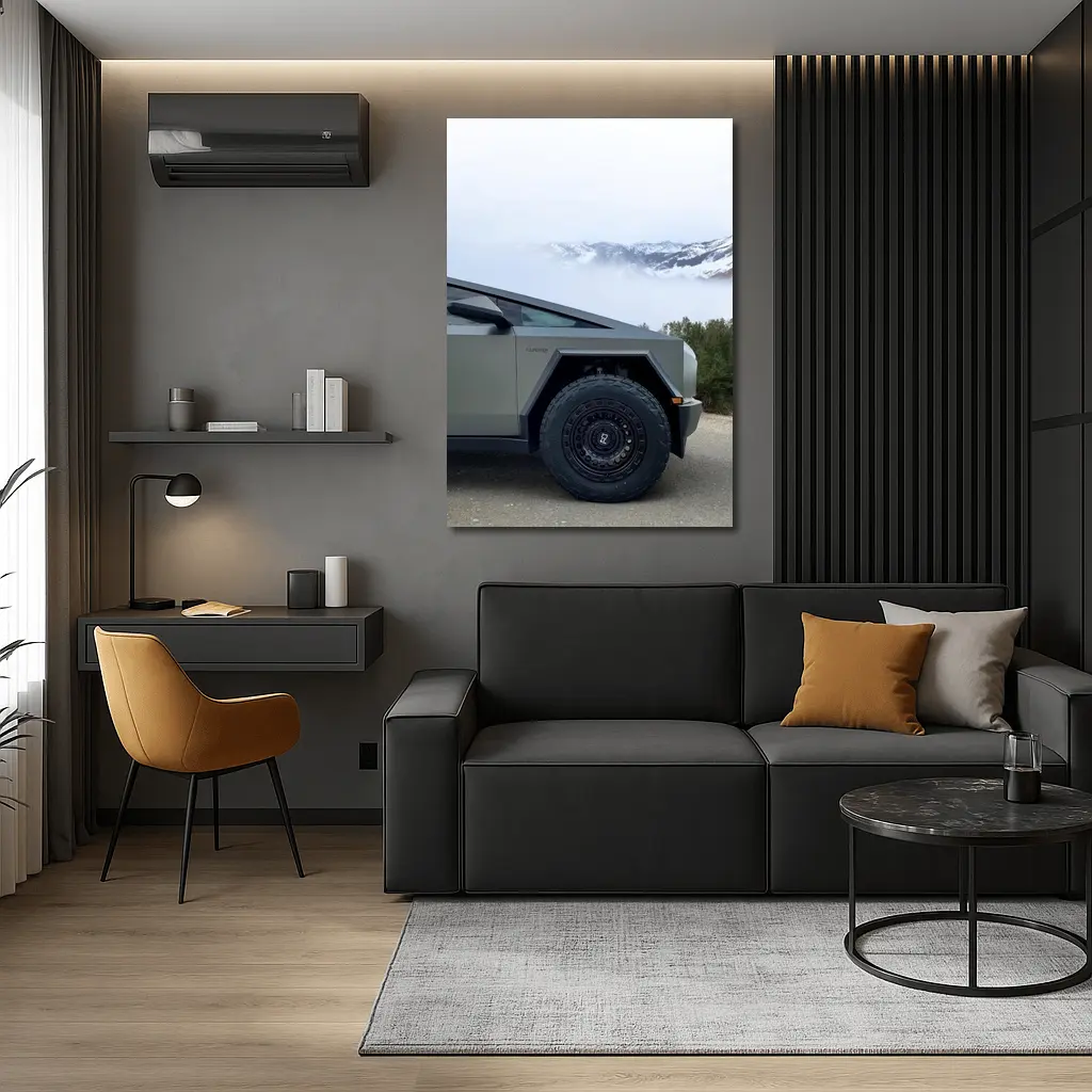 Tesla Cybertruck Parked Near Snowy Mountain Fog – Wall Art