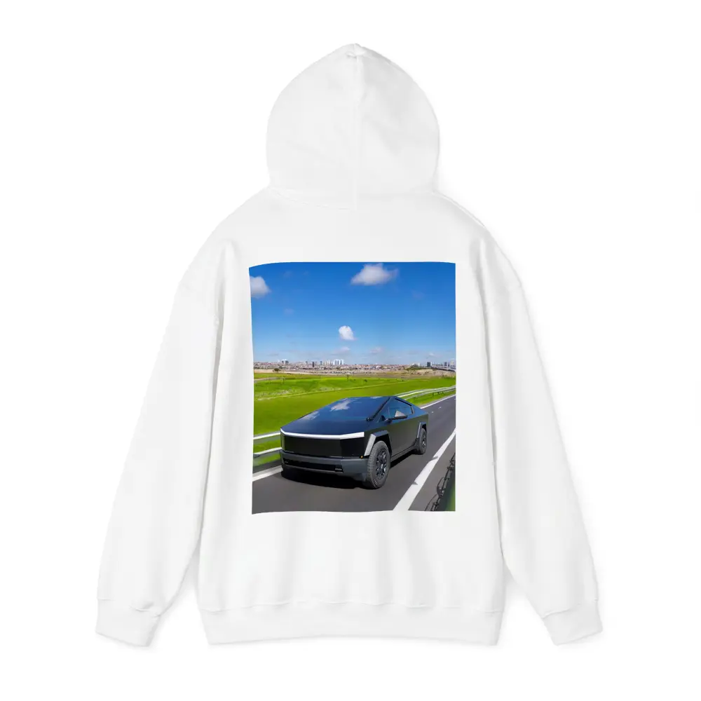Tesla Cybertruck Black Highway City Background – Hoodies