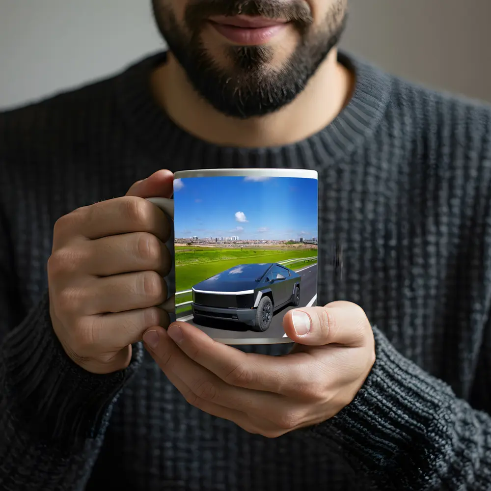 Tesla Cybertruck Black Highway City Background – Mugs