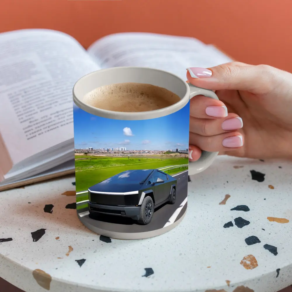 Tesla Cybertruck Black Highway City Background – Mugs