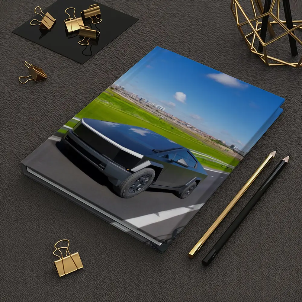 Tesla Cybertruck Black Highway City Background – Notebooks
