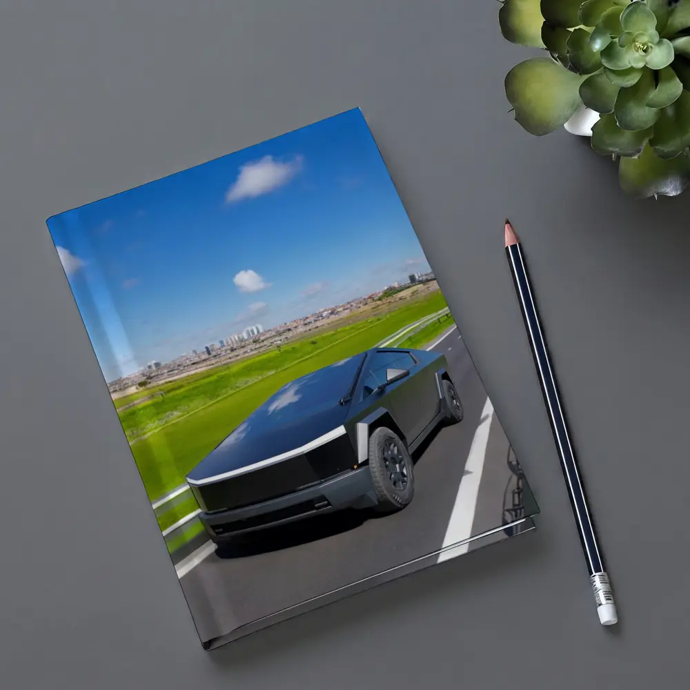Tesla Cybertruck Black Highway City Background – Notebooks