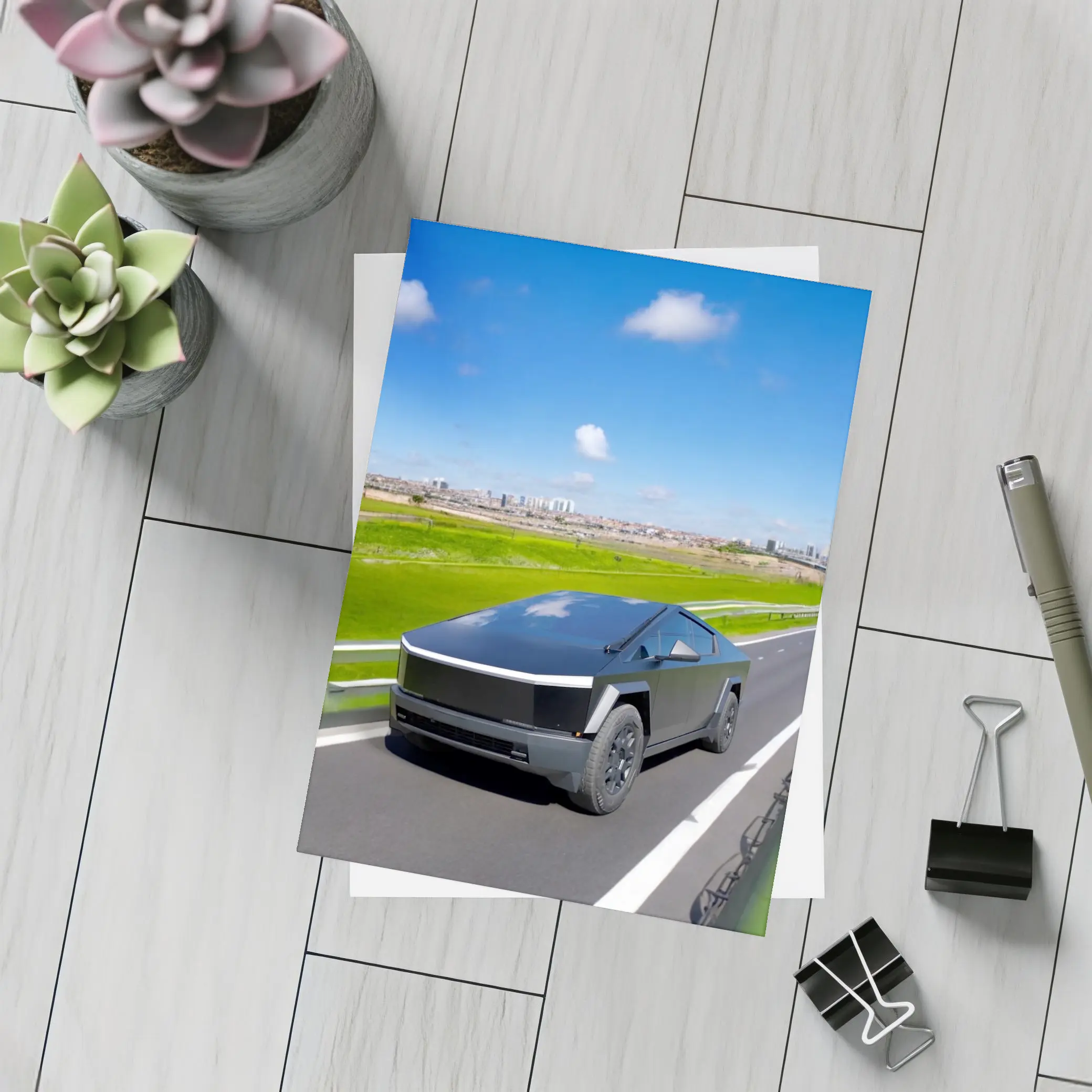 Tesla Cybertruck Black Highway City Background – Postcards