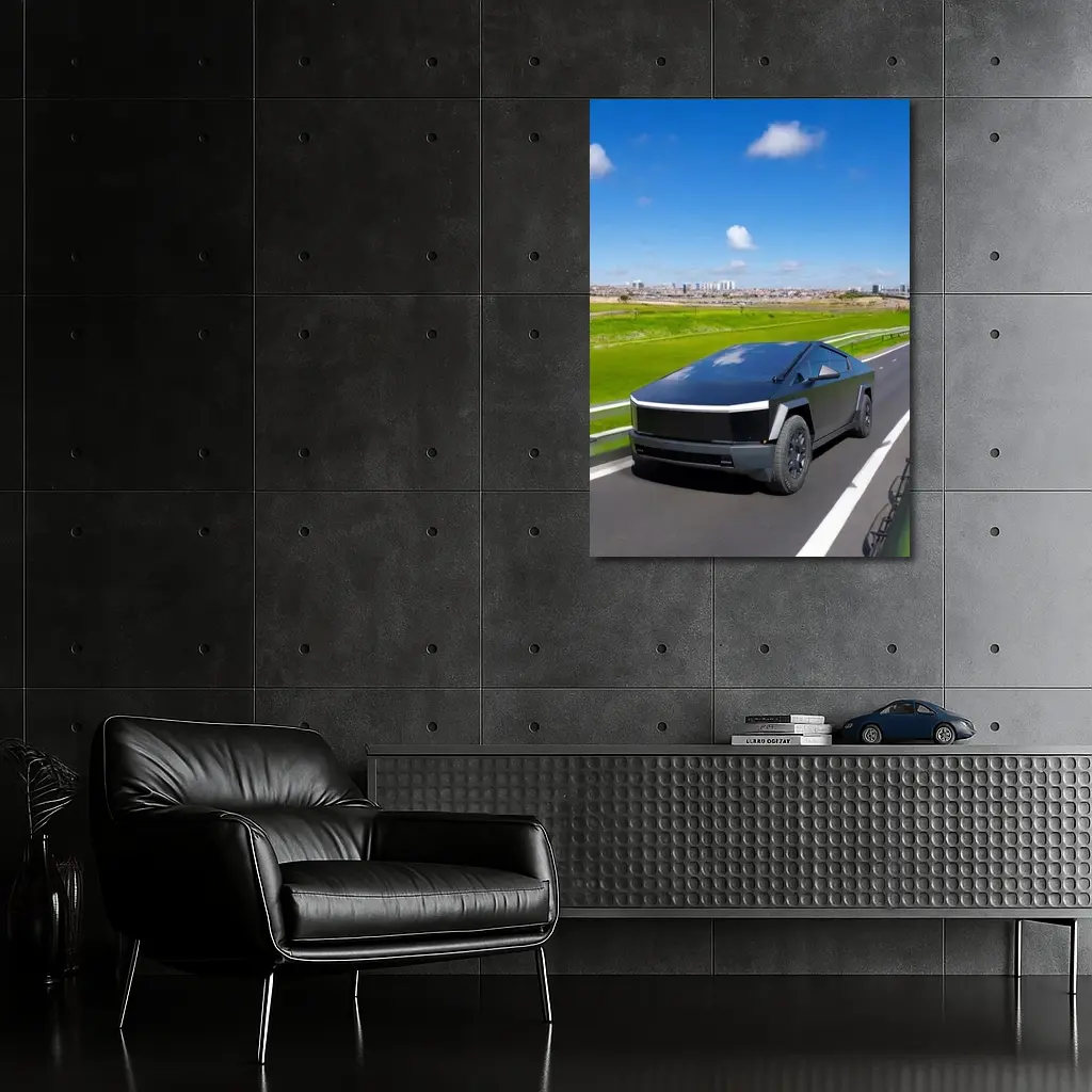 Tesla Cybertruck Black Highway City Background – Wall Art