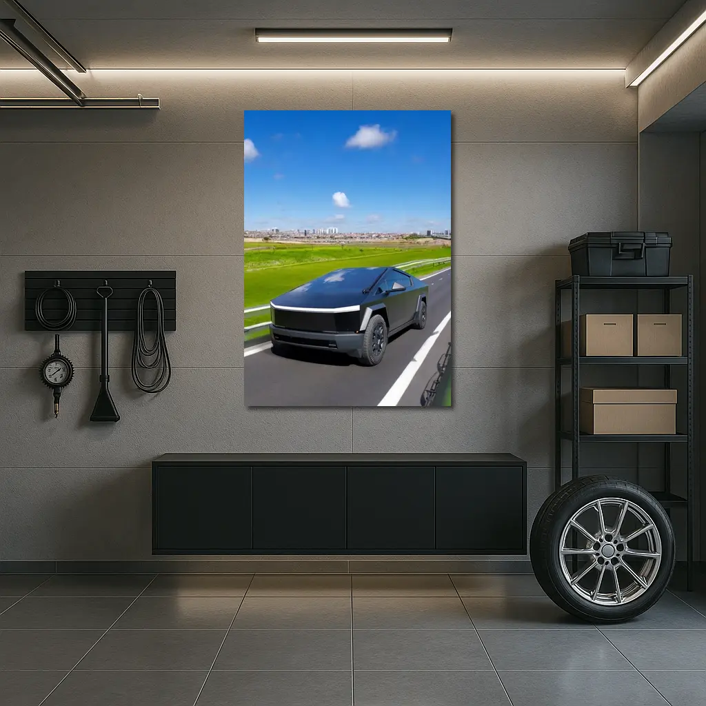 Tesla Cybertruck Black Highway City Background – Wall Art